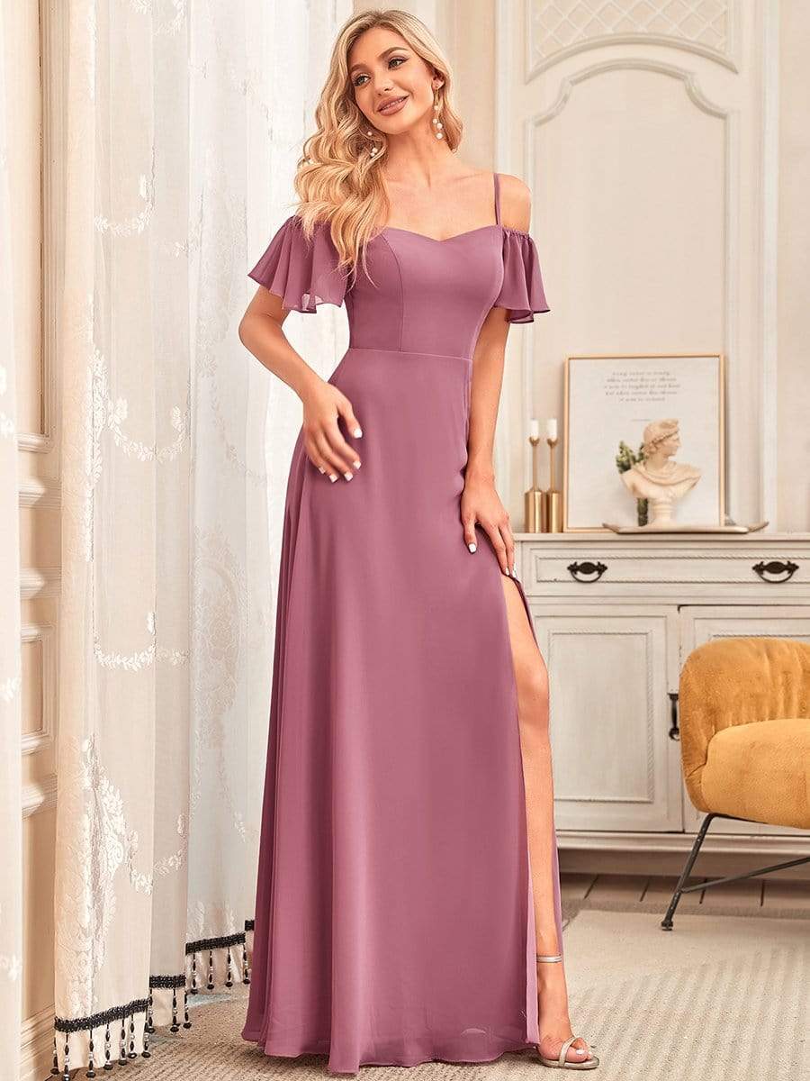 Stylish Cold-Shoulder Floor Length Bridesmaid Dress with Side Slit #color_Purple Orchid Stylish Cold-Shoulder Floor Length Bridesmaid Dress with Side Slit #color_Purple Orchid