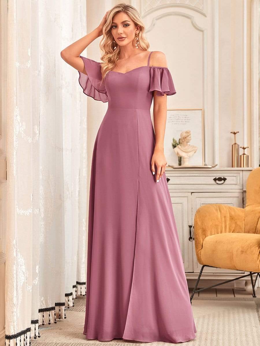 Stylish Cold-Shoulder Floor Length Bridesmaid Dress with Side Slit #color_Purple Orchid Stylish Cold-Shoulder Floor Length Bridesmaid Dress with Side Slit #color_Purple Orchid