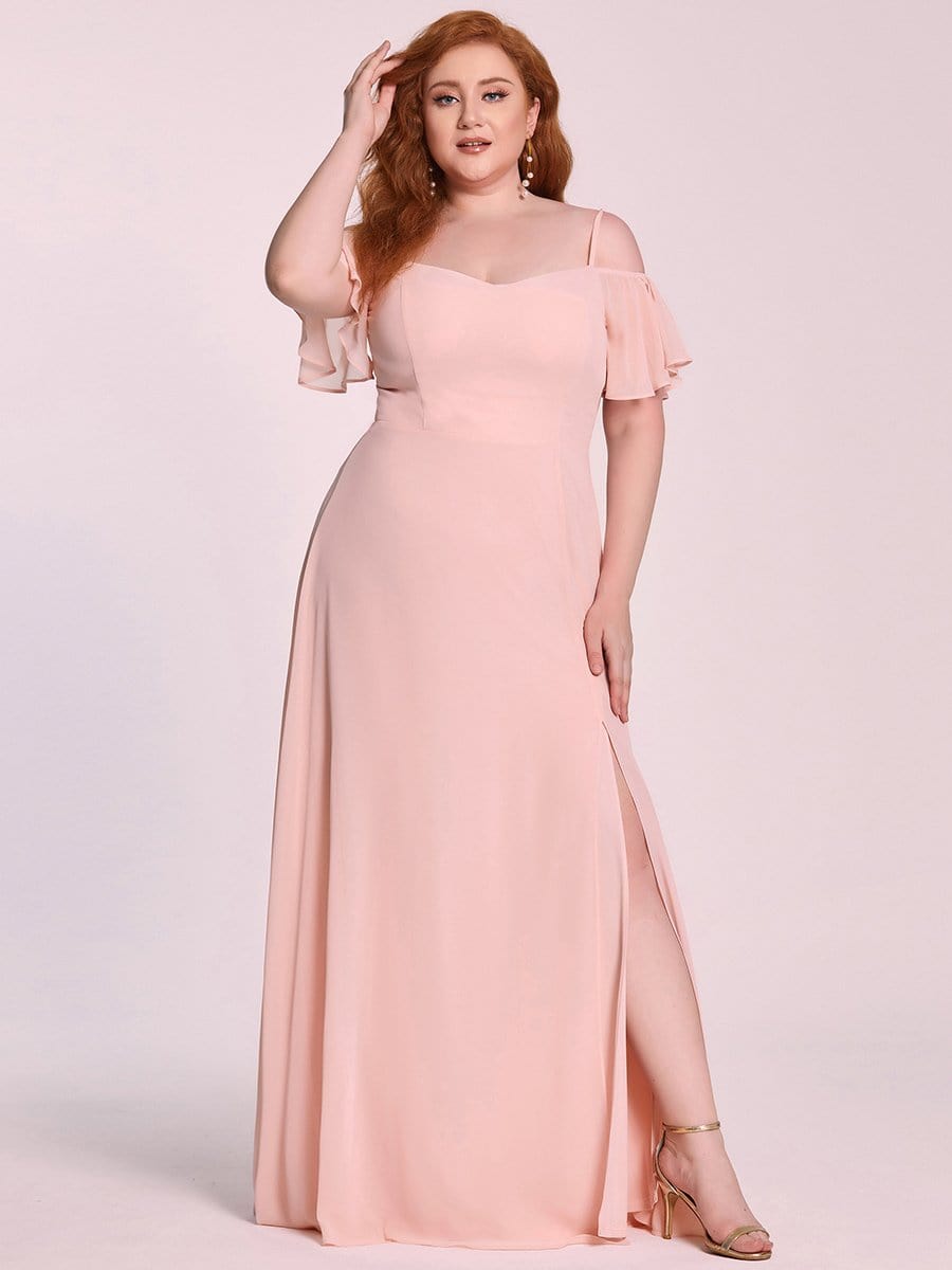Color=Pink | Plus-Size Cold-Shoulder V-neck Evening Dress with Side Slit-Pink 3 Color=Pink | Plus-Size Cold-Shoulder V-neck Evening Dress with Side Slit-Pink 3