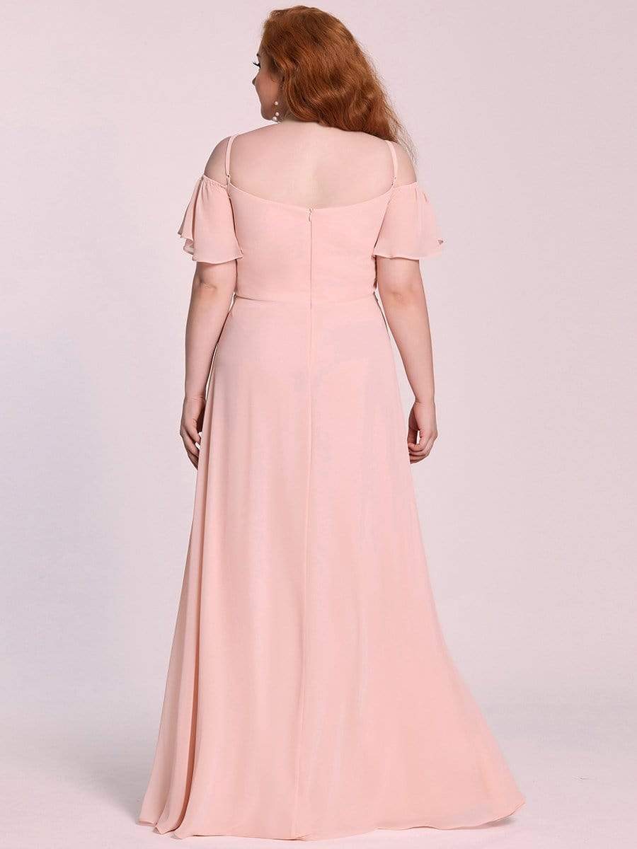Stylish Cold-Shoulder Floor Length Bridesmaid Dress with Side Slit #color_Pink Stylish Cold-Shoulder Floor Length Bridesmaid Dress with Side Slit #color_Pink