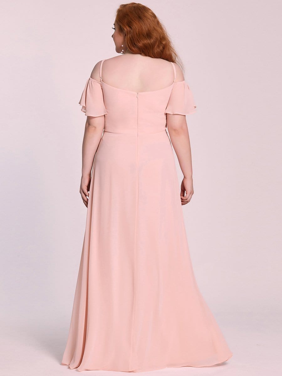 Color=Pink | Plus-Size Cold-Shoulder V-neck Evening Dress with Side Slit-Pink 4 Color=Pink | Plus-Size Cold-Shoulder V-neck Evening Dress with Side Slit-Pink 4