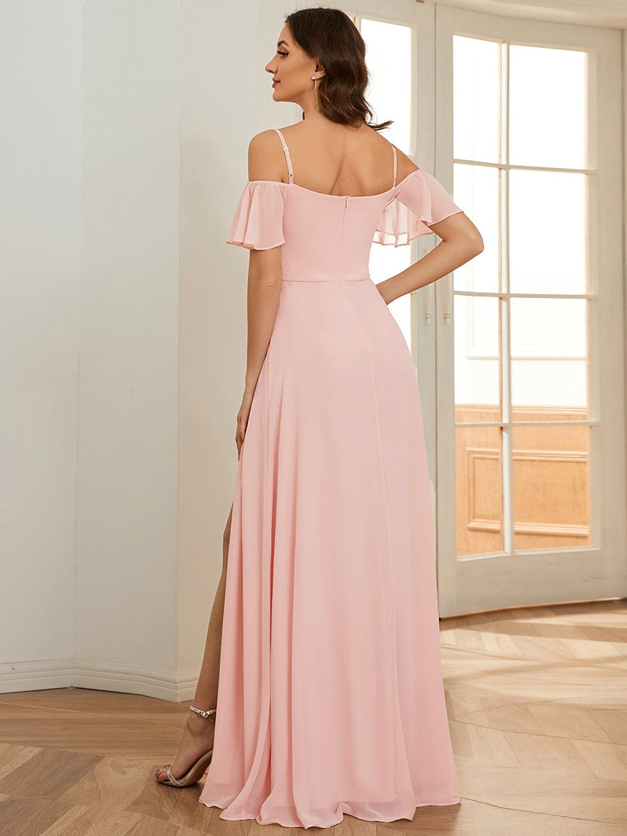 Stylish Cold-Shoulder Floor Length Bridesmaid Dress with Side Slit #color_Pink Stylish Cold-Shoulder Floor Length Bridesmaid Dress with Side Slit #color_Pink