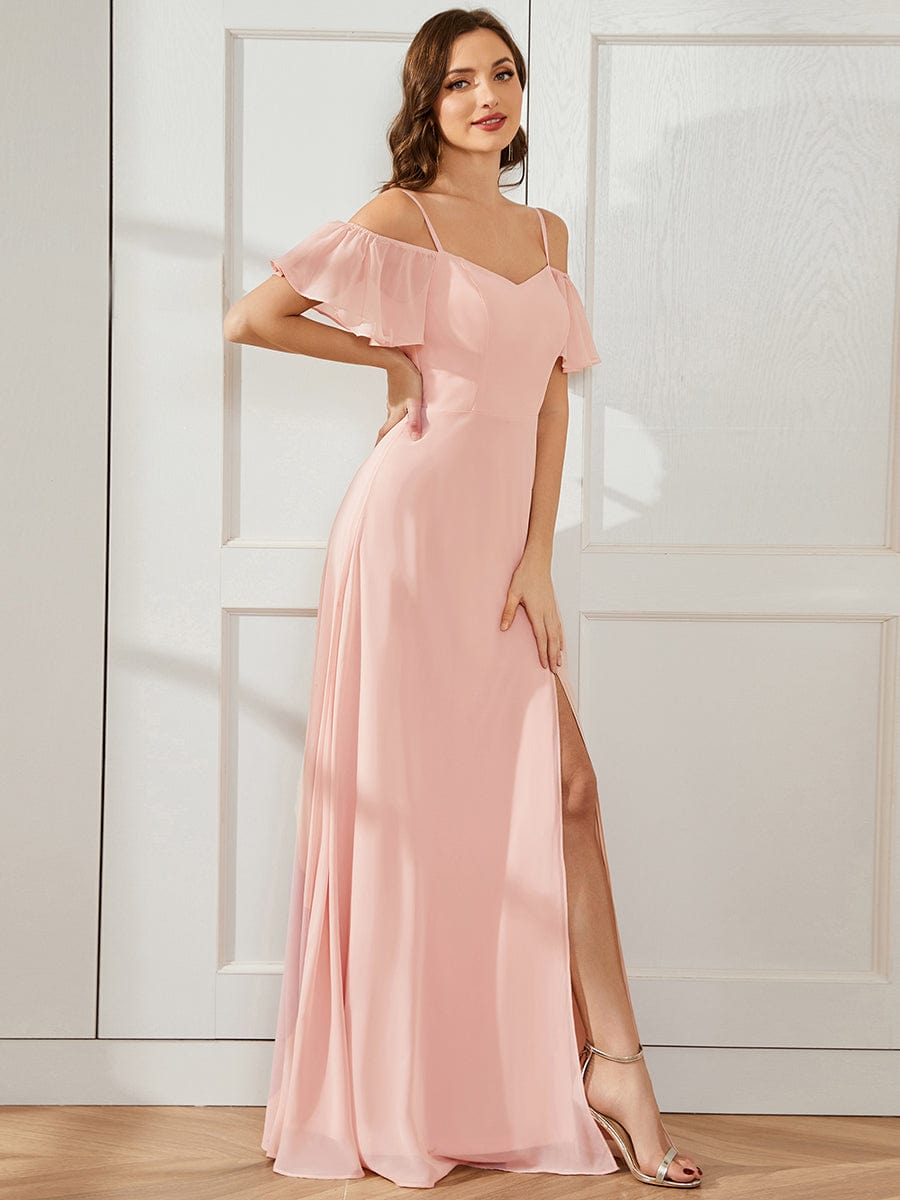 Stylish Cold-Shoulder Floor Length Bridesmaid Dress with Side Slit #color_Pink Stylish Cold-Shoulder Floor Length Bridesmaid Dress with Side Slit #color_Pink