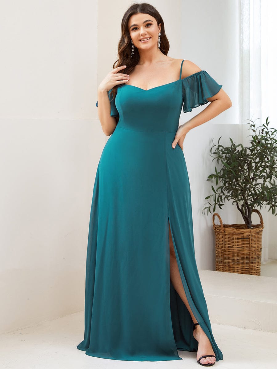 Cold-Shoulder High Split Floor Length Bridesmaid Dress #color_Teal Cold-Shoulder High Split Floor Length Bridesmaid Dress #color_Teal