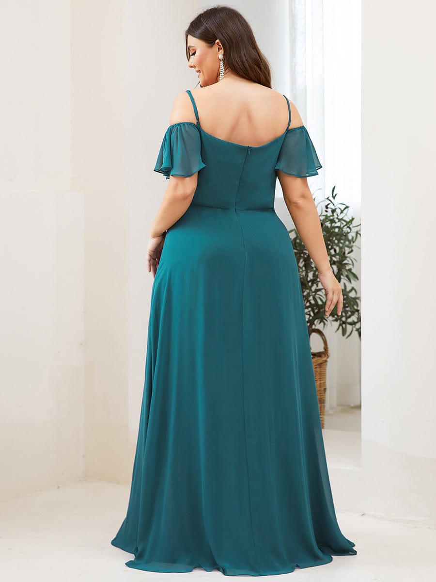Cold-Shoulder High Split Floor Length Bridesmaid Dress #color_Teal Cold-Shoulder High Split Floor Length Bridesmaid Dress #color_Teal