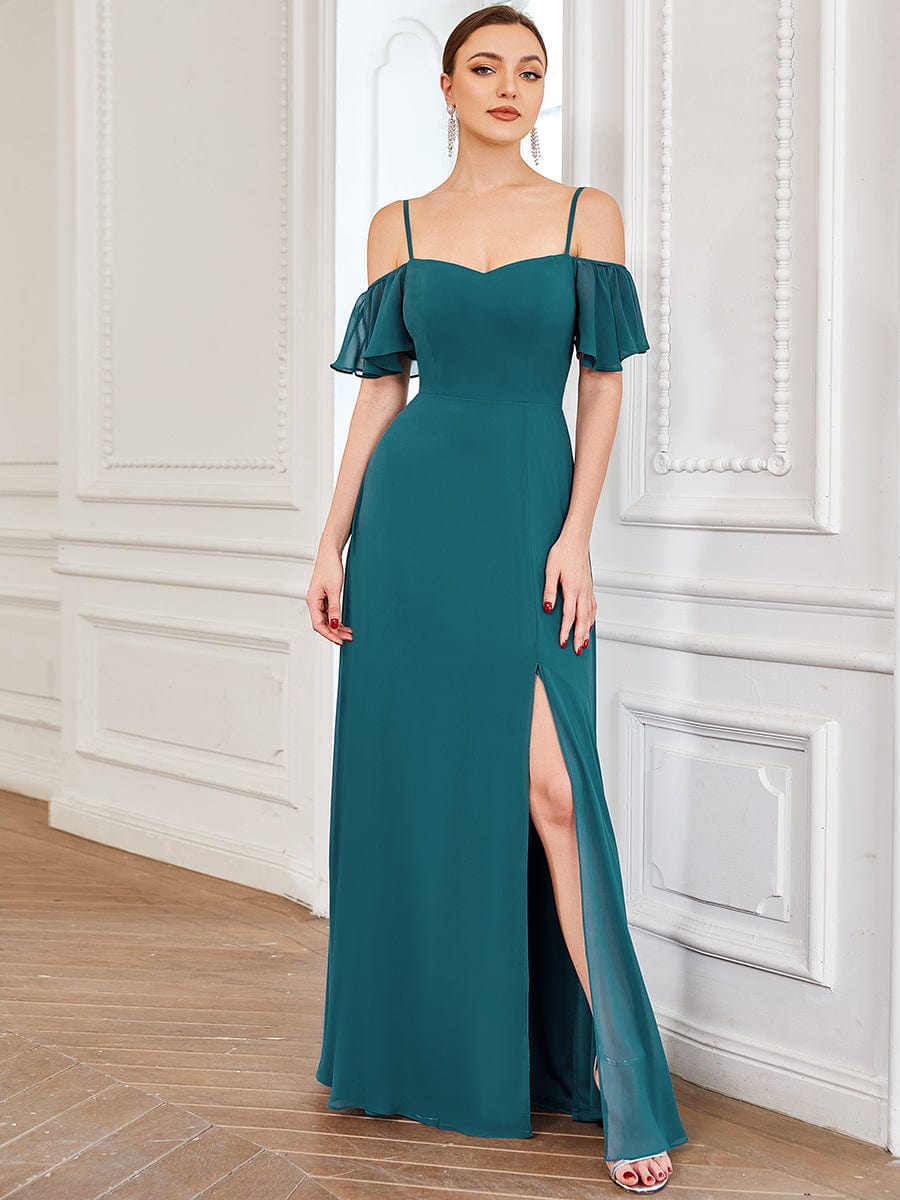 Cold-Shoulder High Split Floor Length Bridesmaid Dress #color_Teal Cold-Shoulder High Split Floor Length Bridesmaid Dress #color_Teal