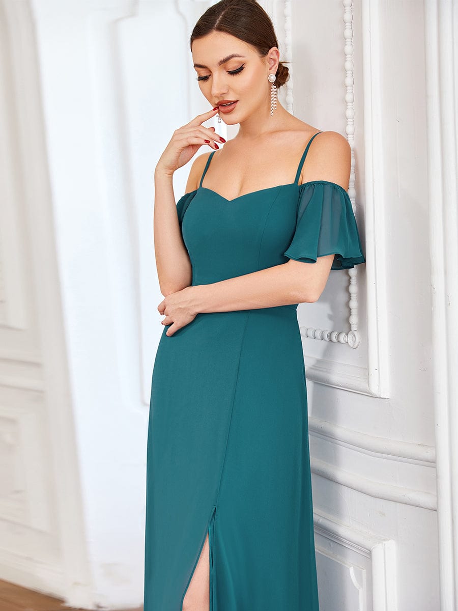 Cold-Shoulder High Split Floor Length Bridesmaid Dress #color_Teal Cold-Shoulder High Split Floor Length Bridesmaid Dress #color_Teal
