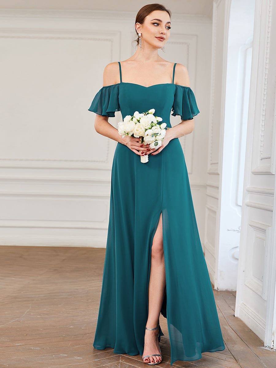 Cold-Shoulder High Split Floor Length Bridesmaid Dress #color_Teal Cold-Shoulder High Split Floor Length Bridesmaid Dress #color_Teal