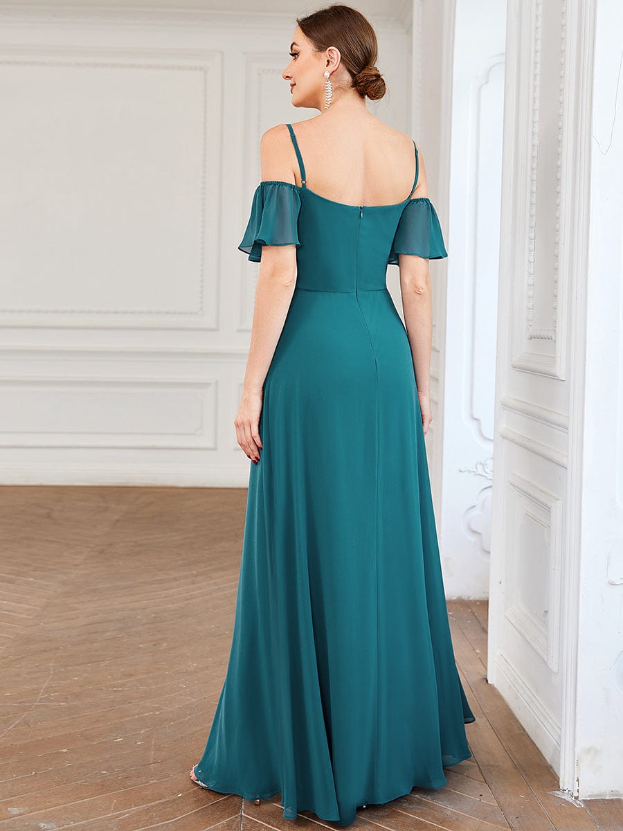 Cold-Shoulder High Split Floor Length Bridesmaid Dress #color_Teal Cold-Shoulder High Split Floor Length Bridesmaid Dress #color_Teal
