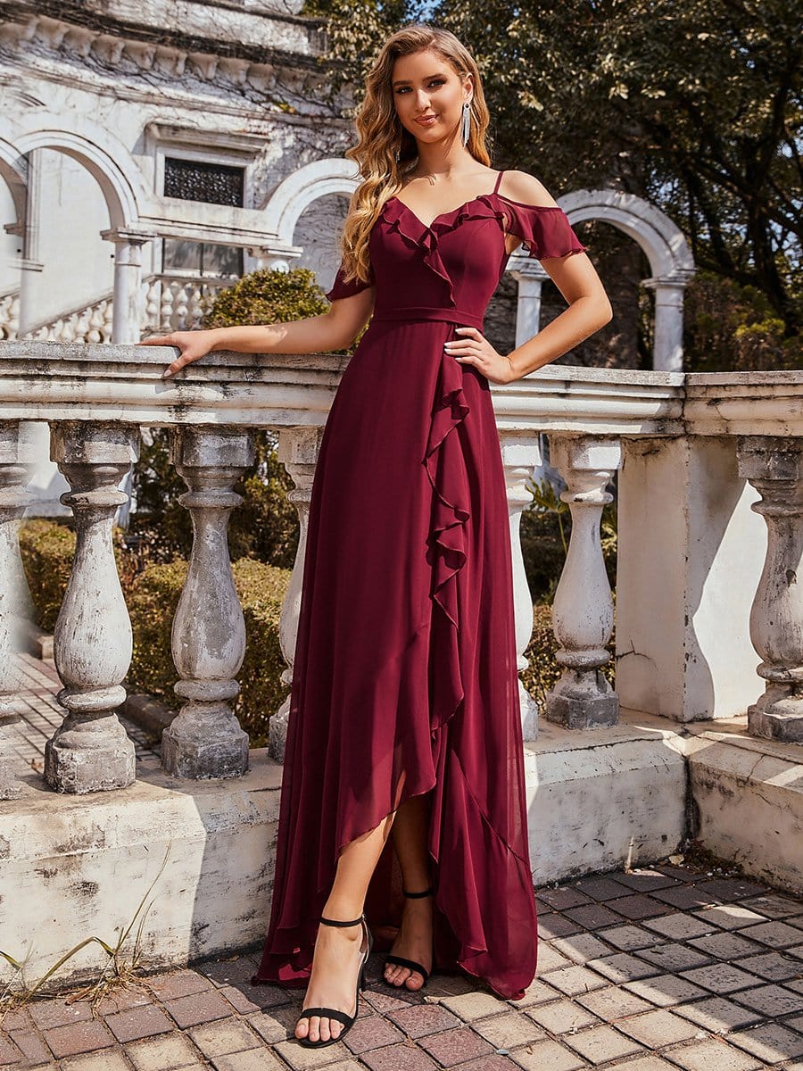 Color=Burgundy | Cold Shoulder V Neck Asymmetrical Hem Long Chiffon Bridesmaid Dress-Burgundy 3 Color=Burgundy | Cold Shoulder V Neck Asymmetrical Hem Long Chiffon Bridesmaid Dress-Burgundy 3