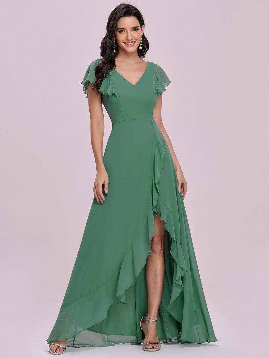 Color=Green Bean | Cute Floor Length V Neck Chiffon Bridesmaid Dress-Green Bean 4 Color=Green Bean | Cute Floor Length V Neck Chiffon Bridesmaid Dress-Green Bean 4