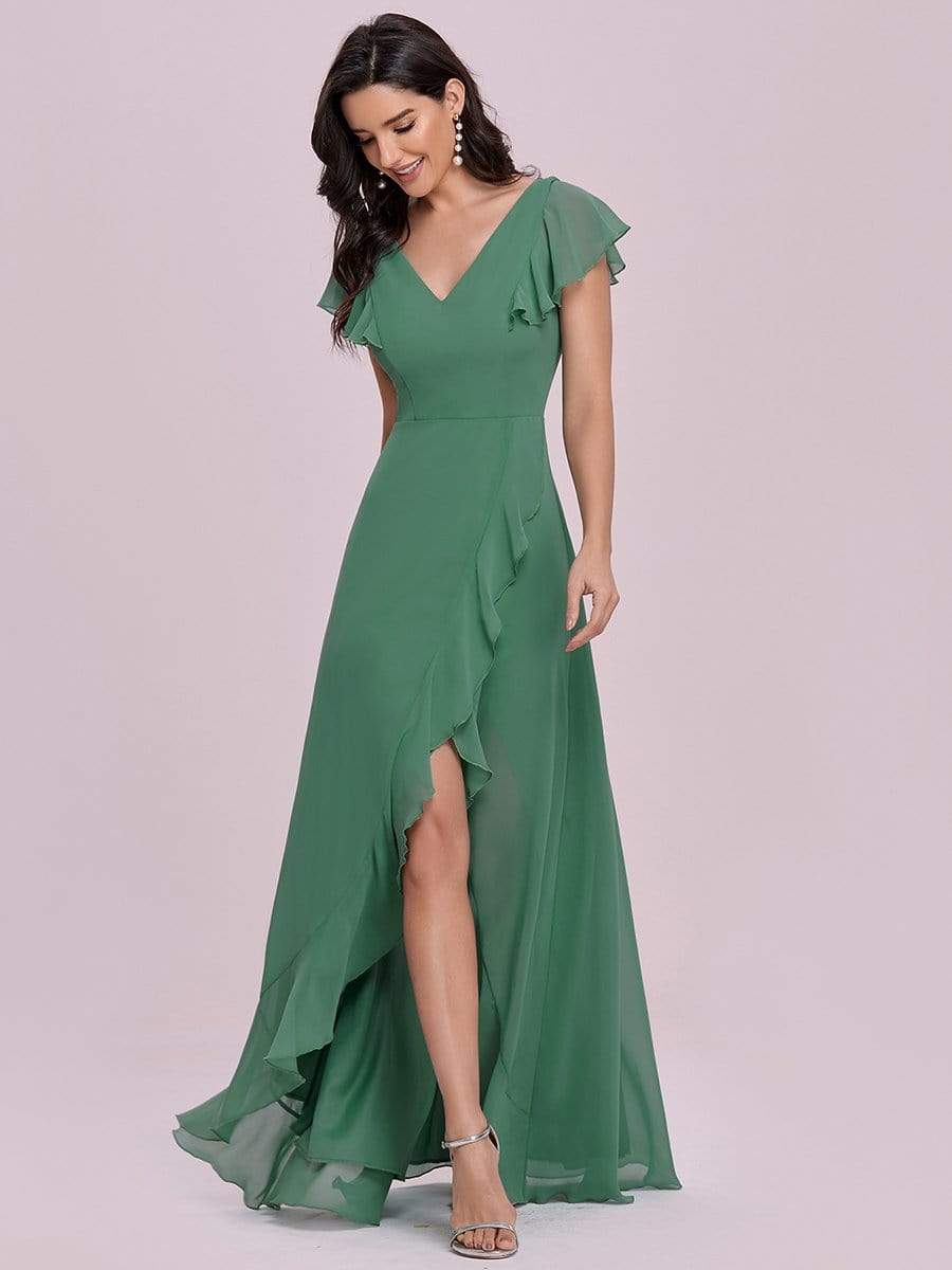 Color=Green Bean | Cute Floor Length V Neck Chiffon Bridesmaid Dress-Green Bean 7 Color=Green Bean | Cute Floor Length V Neck Chiffon Bridesmaid Dress-Green Bean 7
