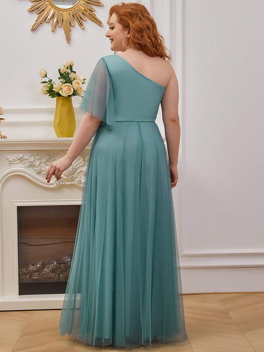 Color=Dusty blue | Plus Size A-Line Tulle Bridesmaid Dress With Beaded Waistline-Dusty Blue 2 Color=Dusty blue | Plus Size A-Line Tulle Bridesmaid Dress With Beaded Waistline-Dusty Blue 2