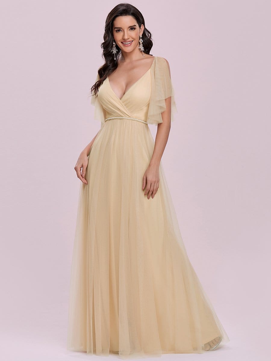 Color=Gold | Low Back Deep V Neck Pagoda Sleeve Bead Waist Bridesmaid Dress-Gold 4 Color=Gold | Low Back Deep V Neck Pagoda Sleeve Bead Waist Bridesmaid Dress-Gold 4