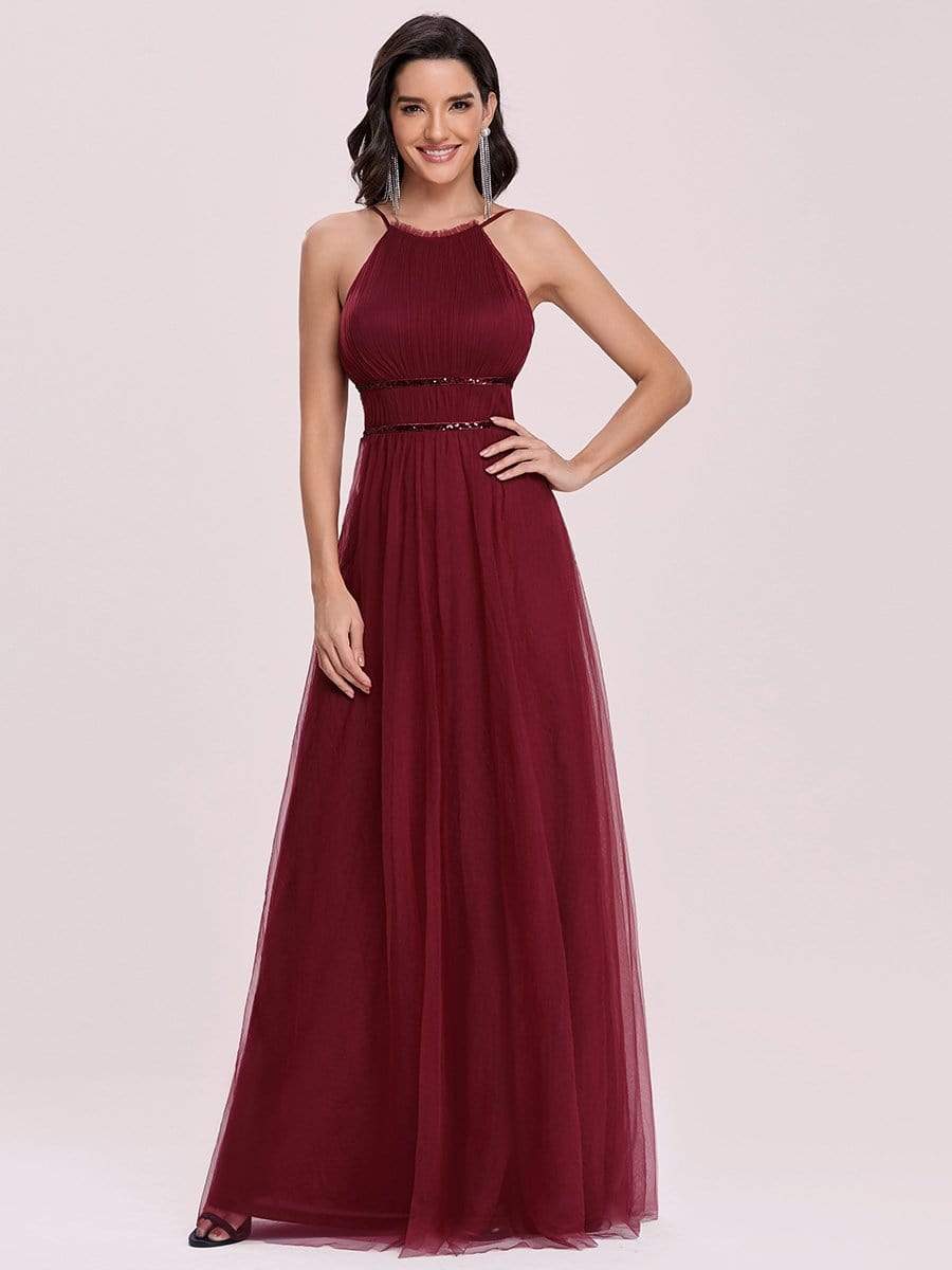 Color=Burgundy | Floor Length Tulle Sleeveless Halter-Neck Evening Dress-Burgundy 4 Color=Burgundy | Floor Length Tulle Sleeveless Halter-Neck Evening Dress-Burgundy 4