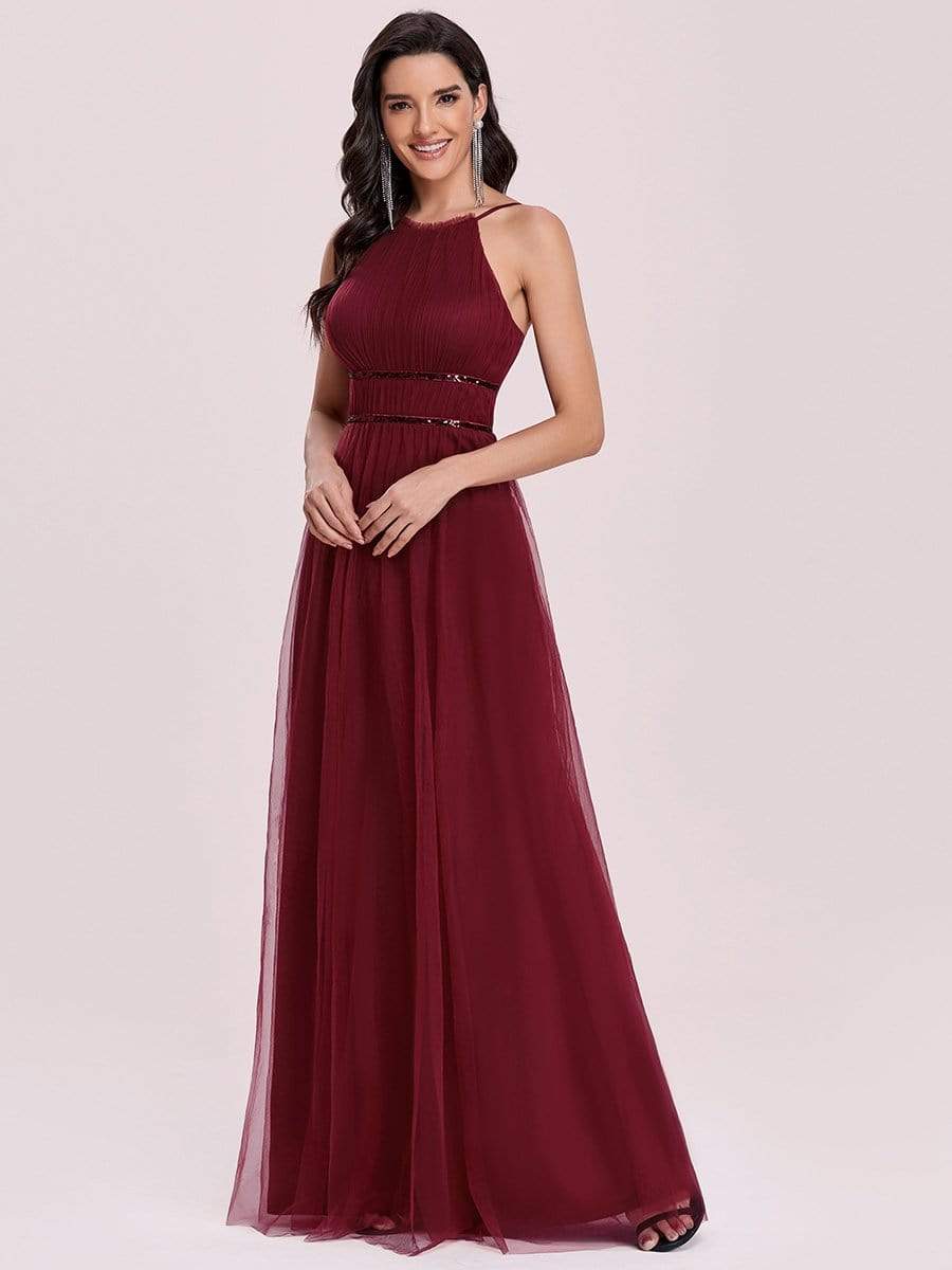 Color=Burgundy | Floor Length Tulle Sleeveless Halter-Neck Evening Dress-Burgundy 6 Color=Burgundy | Floor Length Tulle Sleeveless Halter-Neck Evening Dress-Burgundy 6