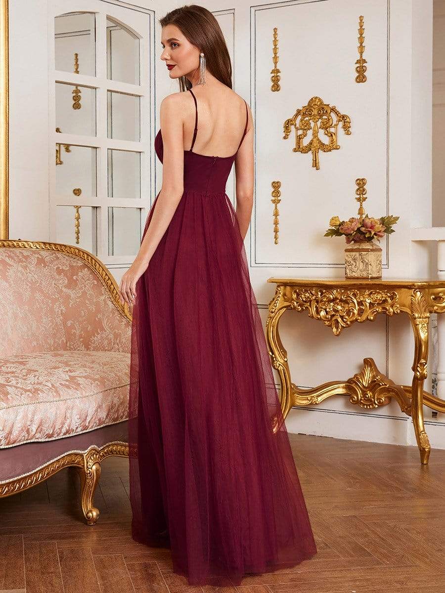 Color=Burgundy | Floor Length Tulle Sleeveless Halter-Neck Evening Dress-Burgundy 2 Color=Burgundy | Floor Length Tulle Sleeveless Halter-Neck Evening Dress-Burgundy 2