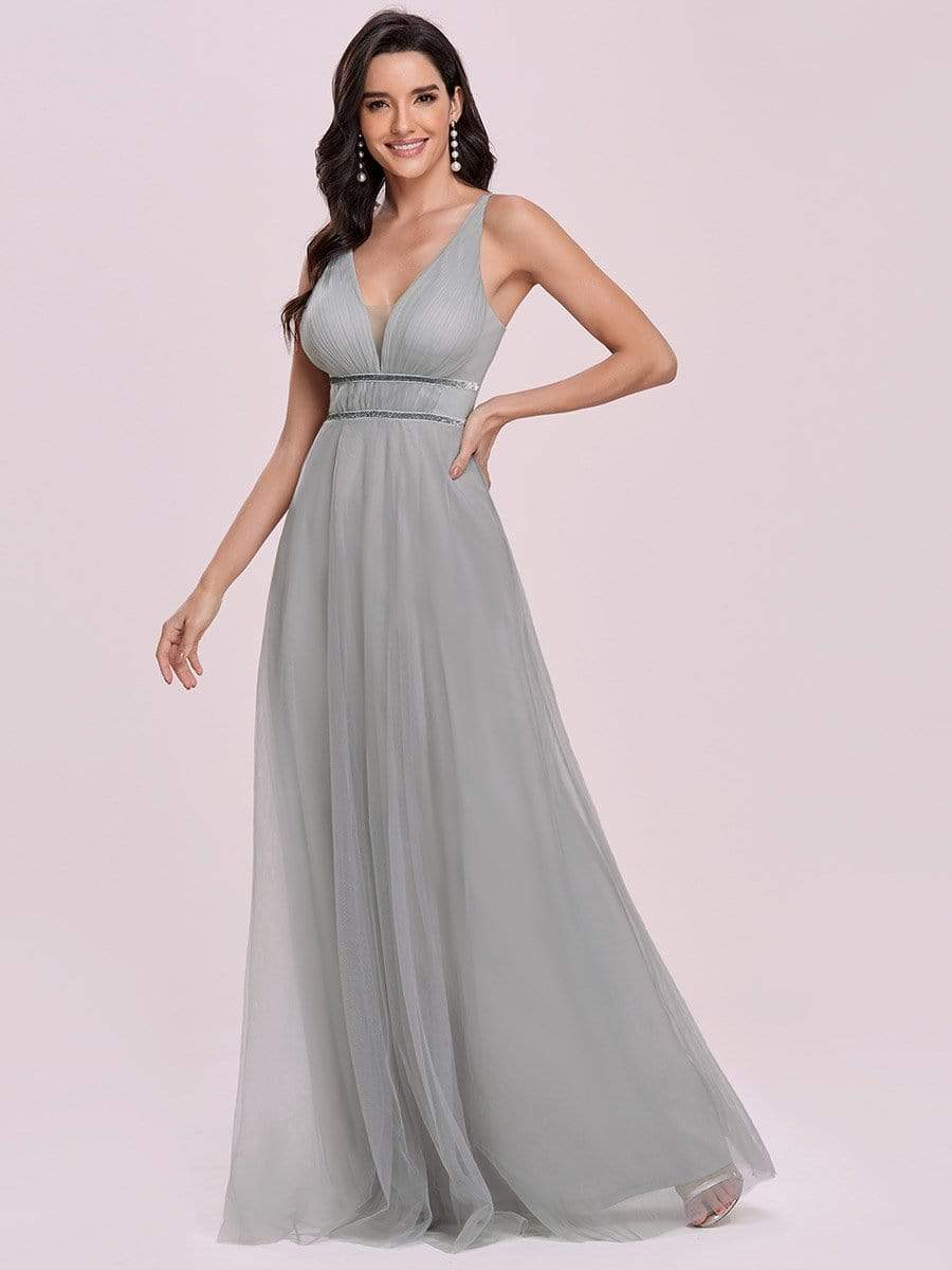 Color=Grey | Elegant Sleeveless Deep V-neck Pleated Prom Dress-Grey 6 Color=Grey | Elegant Sleeveless Deep V-neck Pleated Prom Dress-Grey 6