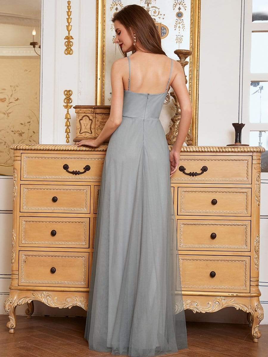 Color=Grey | Elegant Sleeveless Deep V-neck Pleated Prom Dress-Grey 2 Color=Grey | Elegant Sleeveless Deep V-neck Pleated Prom Dress-Grey 2