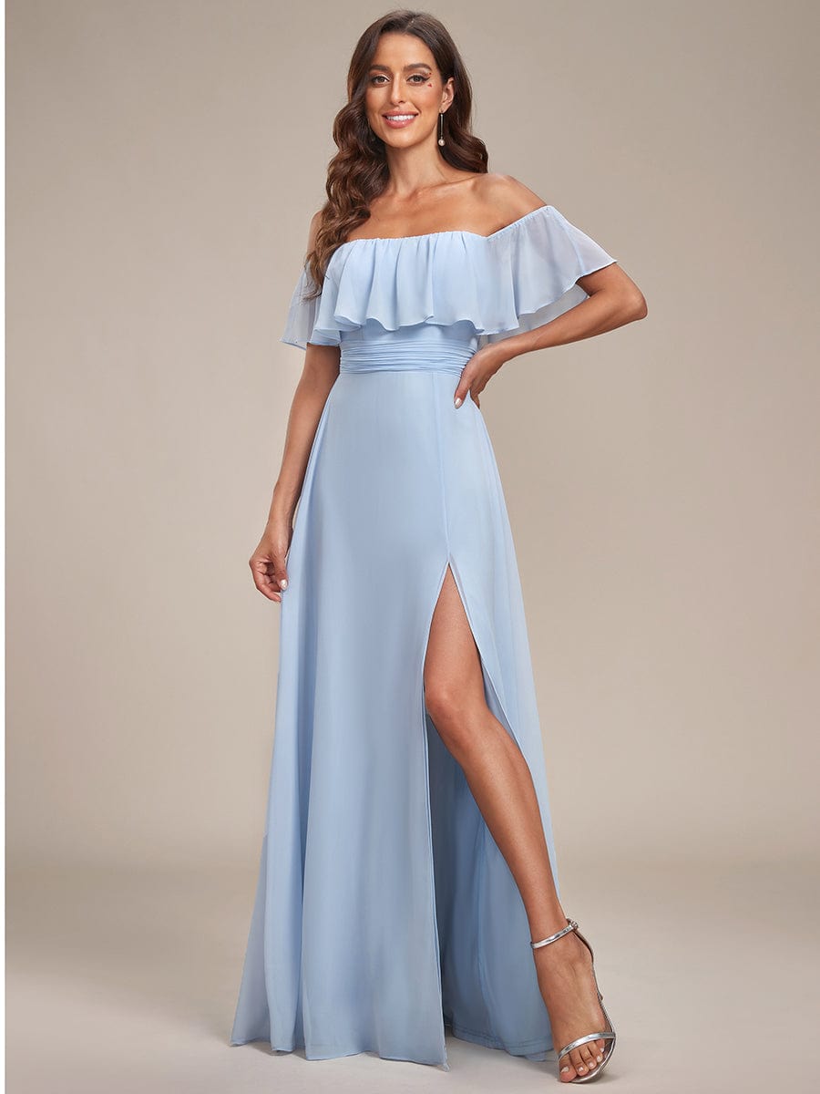 Off The Shoulder Bridesmaid Dresses Side Split Maxi #color_Sky Blue Off The Shoulder Bridesmaid Dresses Side Split Maxi #color_Sky Blue