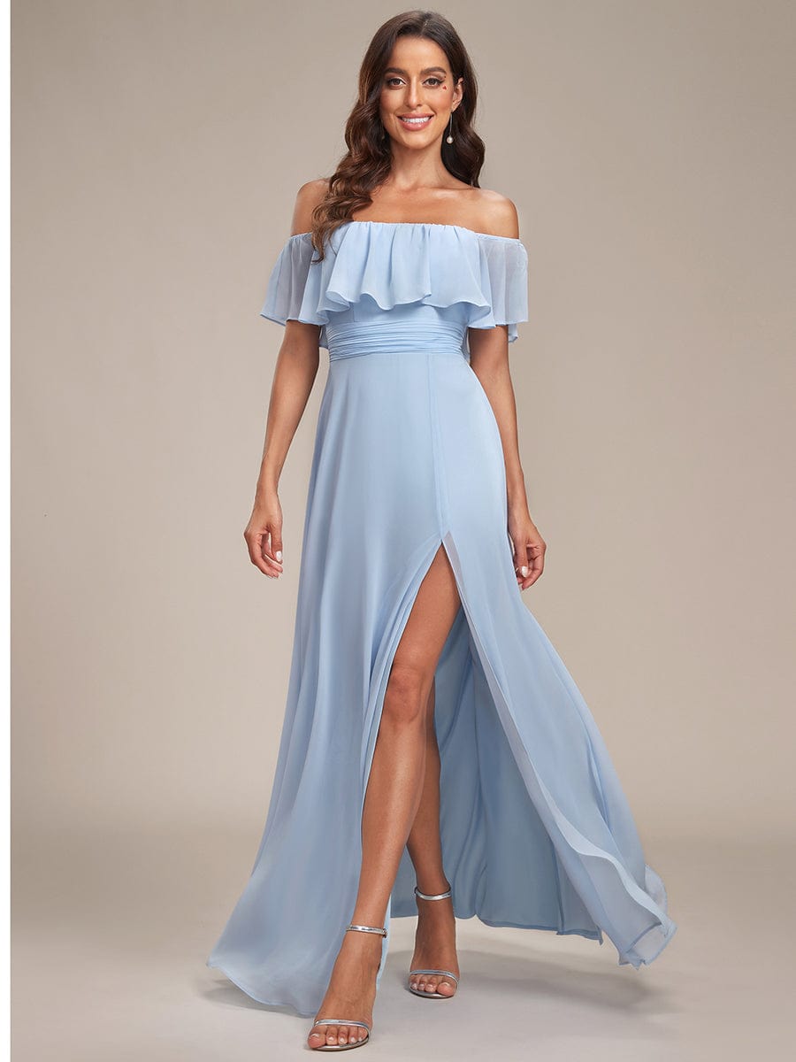 Off The Shoulder Bridesmaid Dresses Side Split Maxi #color_Sky Blue Off The Shoulder Bridesmaid Dresses Side Split Maxi #color_Sky Blue