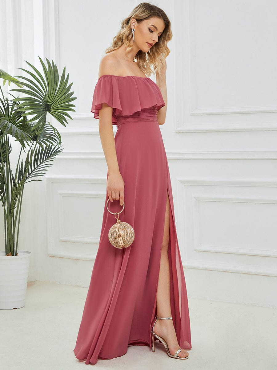 Off The Shoulder Bridesmaid Dresses Side Split Maxi #color_Cameo Brown Off The Shoulder Bridesmaid Dresses Side Split Maxi #color_Cameo Brown