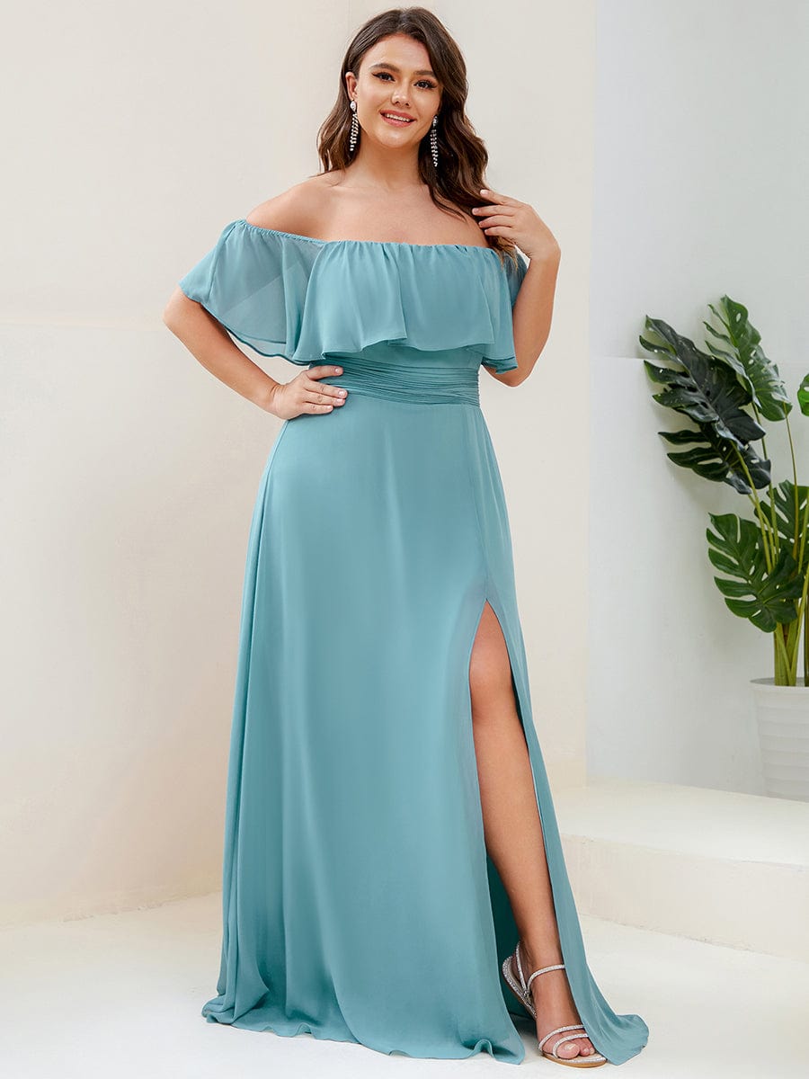 Off The Shoulder Bridesmaid Dresses Side Split Maxi #color_Dusty Blue Off The Shoulder Bridesmaid Dresses Side Split Maxi #color_Dusty Blue