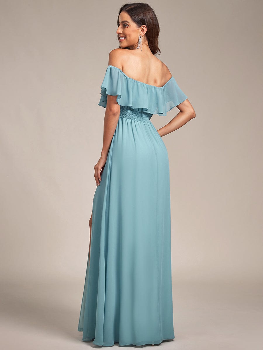 Off The Shoulder Bridesmaid Dresses Side Split Maxi #color_Dusty Blue Off The Shoulder Bridesmaid Dresses Side Split Maxi #color_Dusty Blue