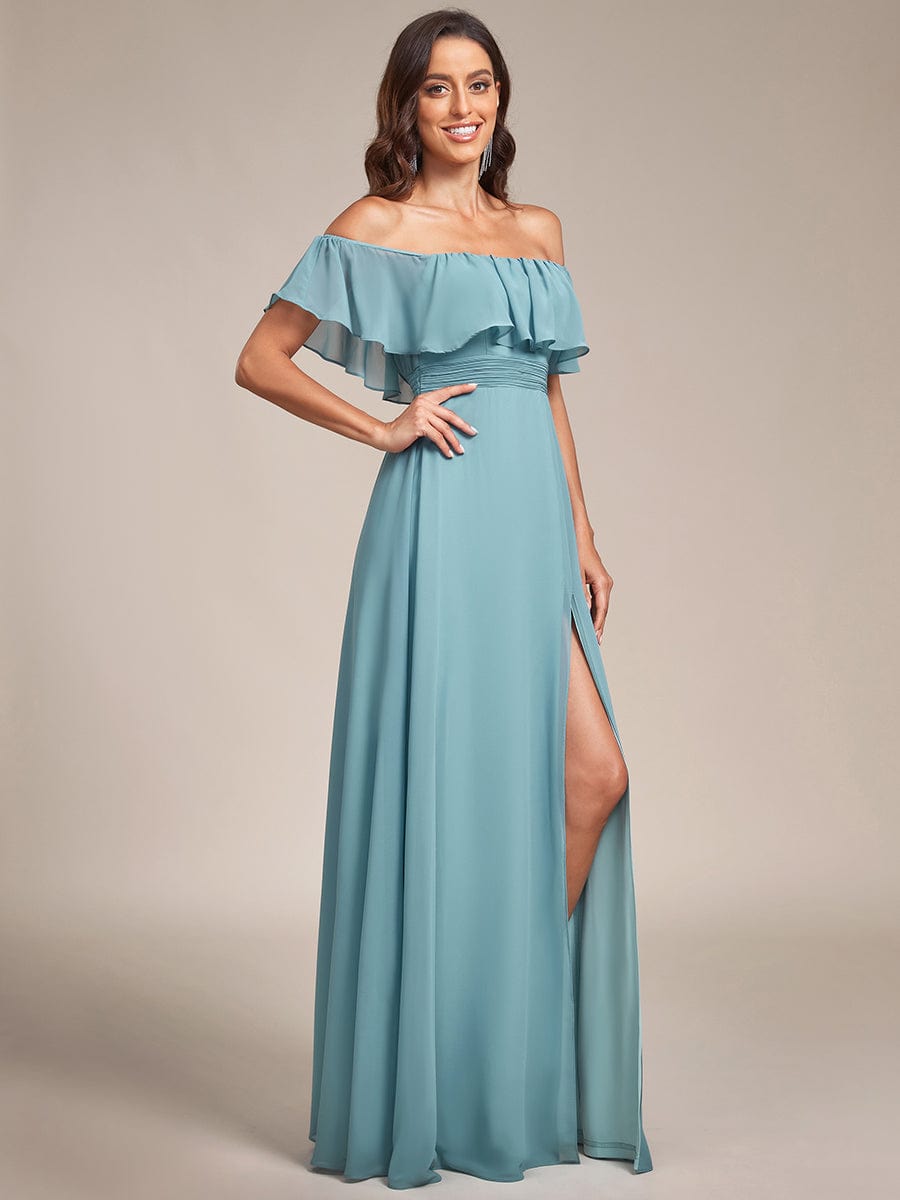 Off The Shoulder Bridesmaid Dresses Side Split Maxi #color_Dusty Blue Off The Shoulder Bridesmaid Dresses Side Split Maxi #color_Dusty Blue