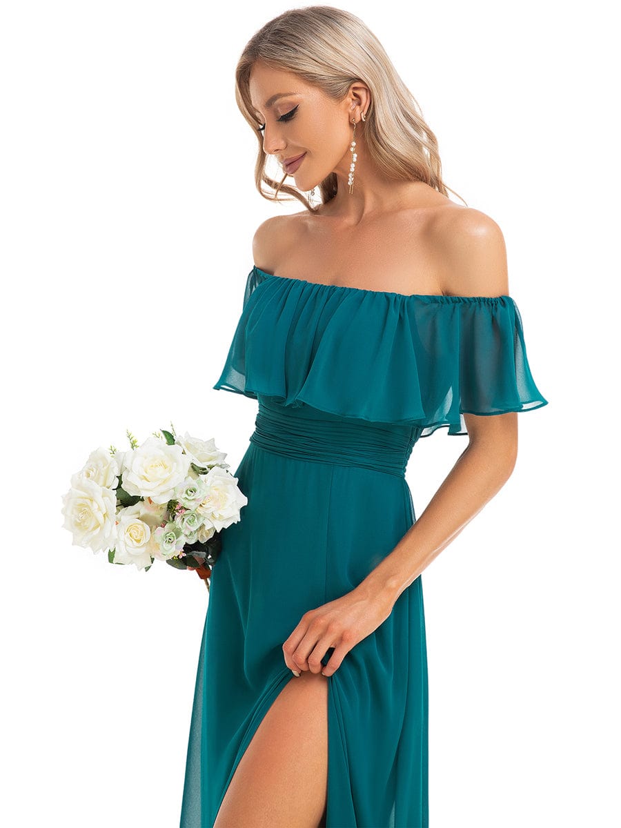 Off The Shoulder Bridesmaid Dresses Side Split Maxi #color_Teal Off The Shoulder Bridesmaid Dresses Side Split Maxi #color_Teal