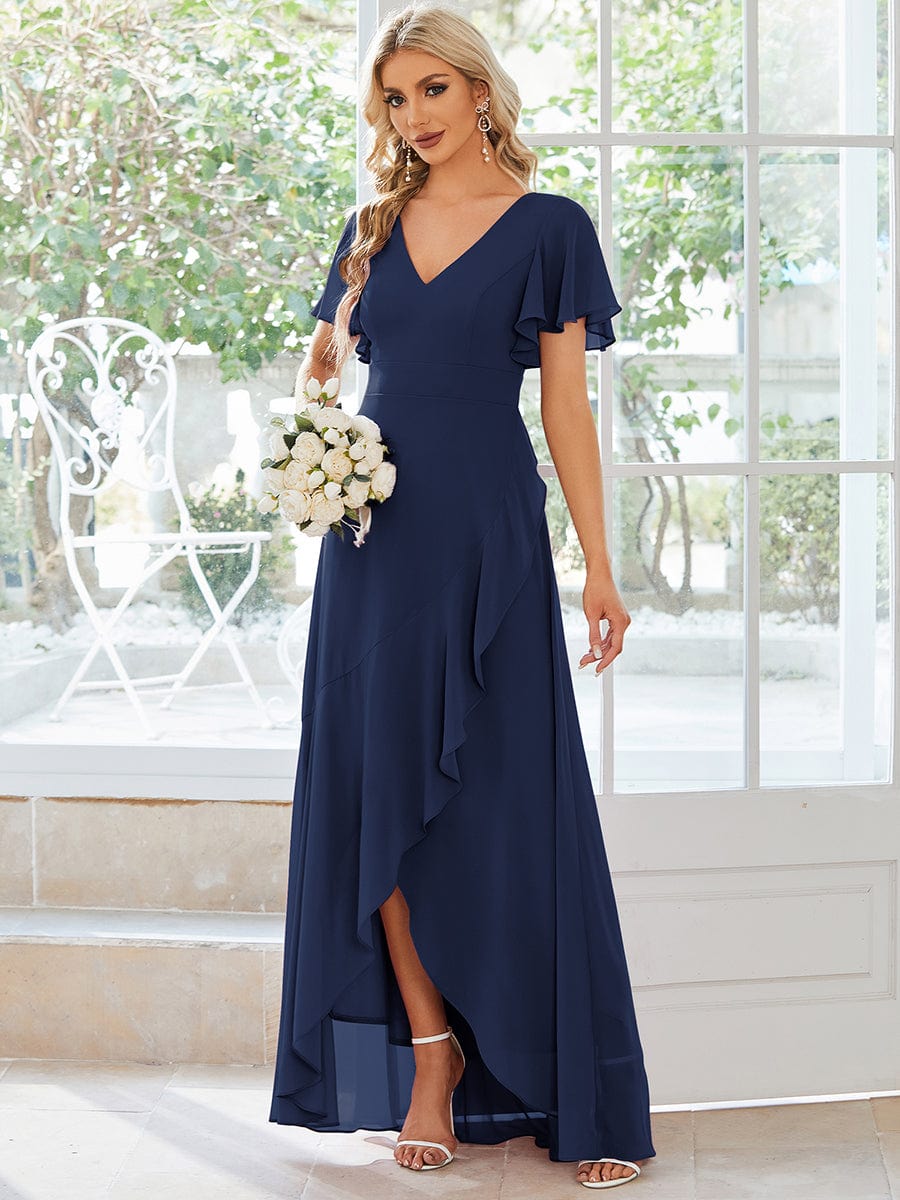 Charming Chiffon Bridesmaid Dress with Lotus Leaf Hemline #color_Navy Blue Charming Chiffon Bridesmaid Dress with Lotus Leaf Hemline #color_Navy Blue