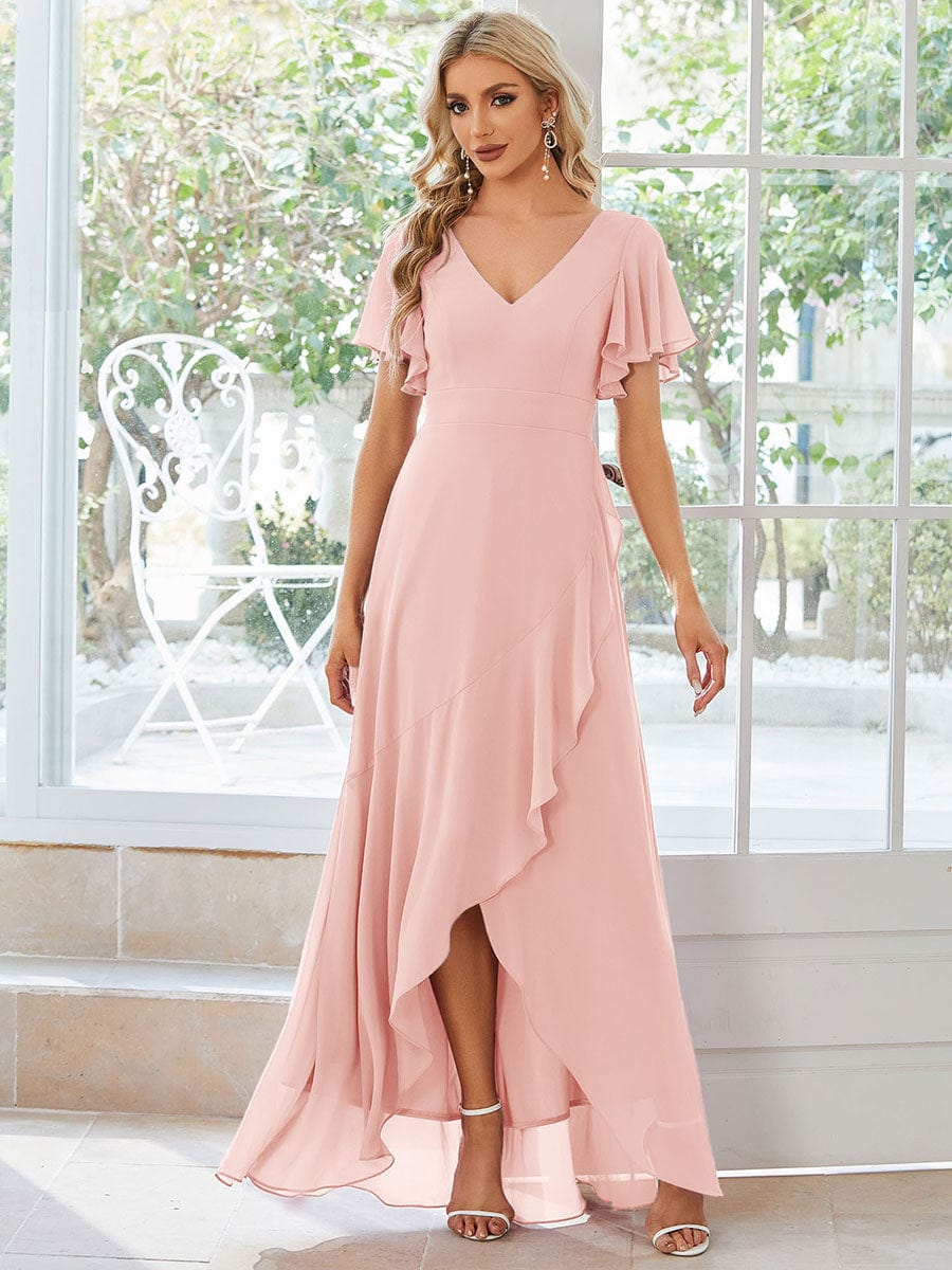 Charming Chiffon Bridesmaid Dress with Lotus Leaf Hemline #color_Pink Charming Chiffon Bridesmaid Dress with Lotus Leaf Hemline #color_Pink