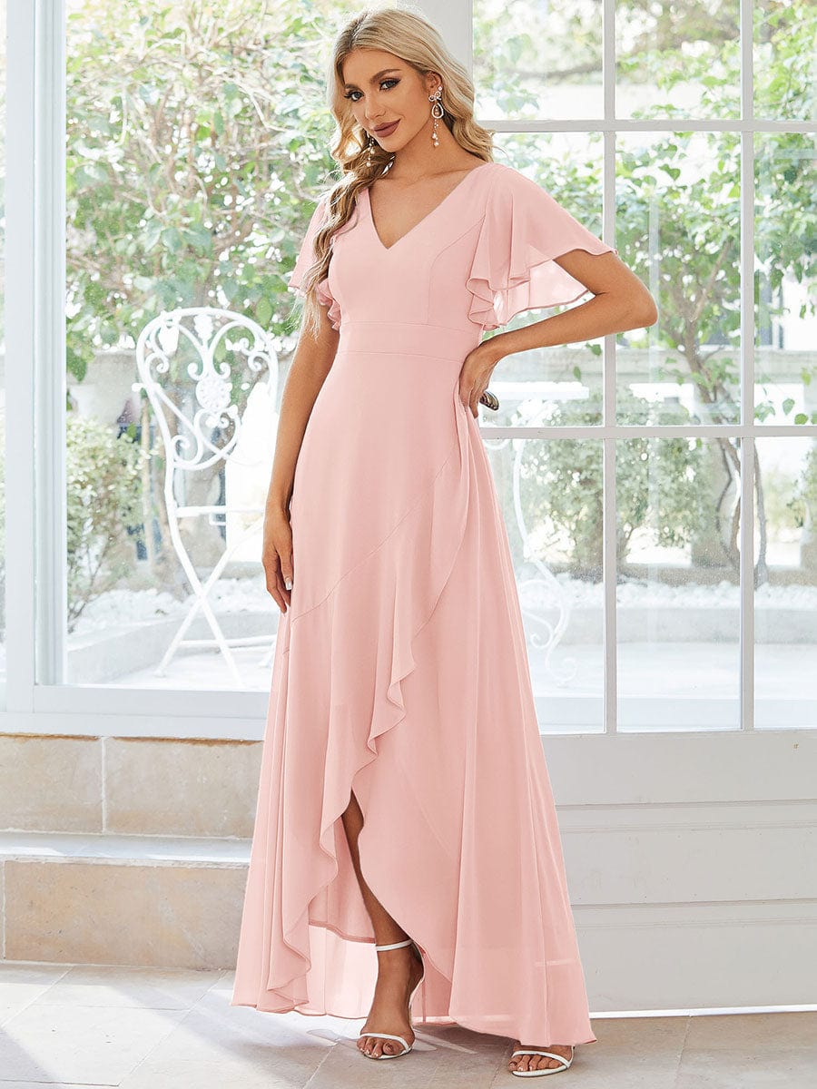 Charming Chiffon Bridesmaid Dress with Lotus Leaf Hemline #color_Pink Charming Chiffon Bridesmaid Dress with Lotus Leaf Hemline #color_Pink