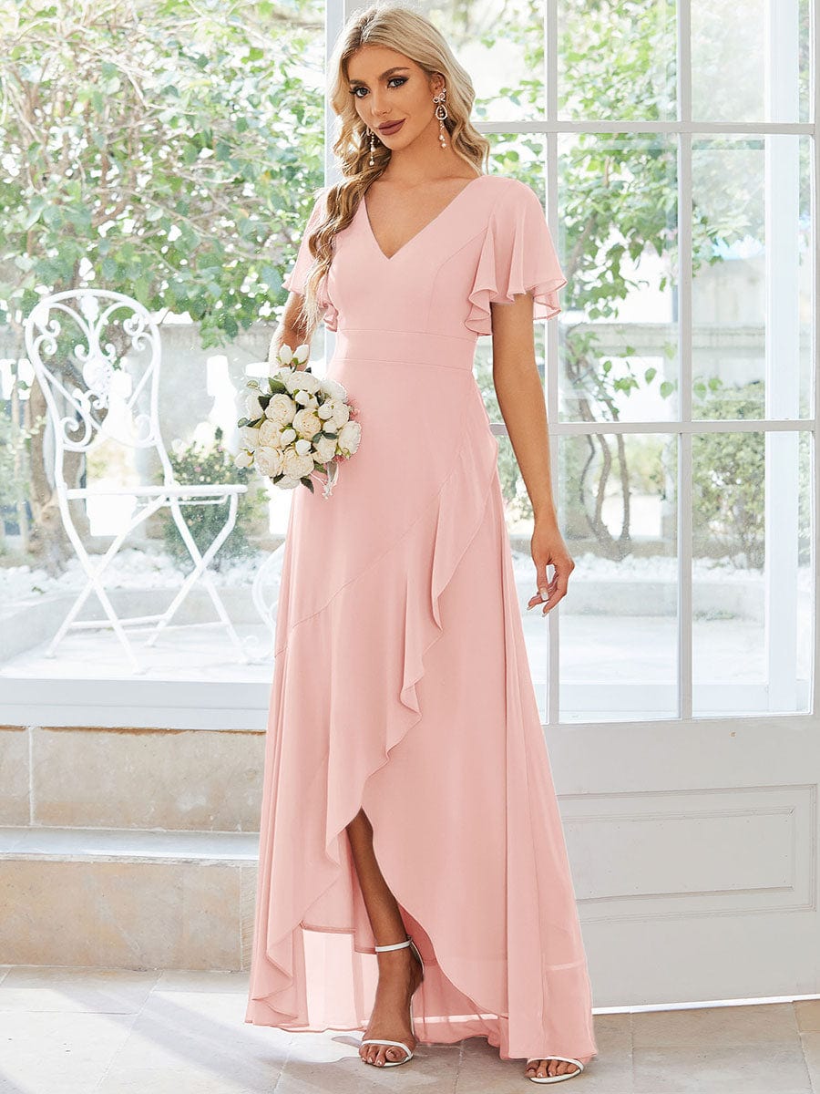 Charming Chiffon Bridesmaid Dress with Lotus Leaf Hemline #color_Pink Charming Chiffon Bridesmaid Dress with Lotus Leaf Hemline #color_Pink