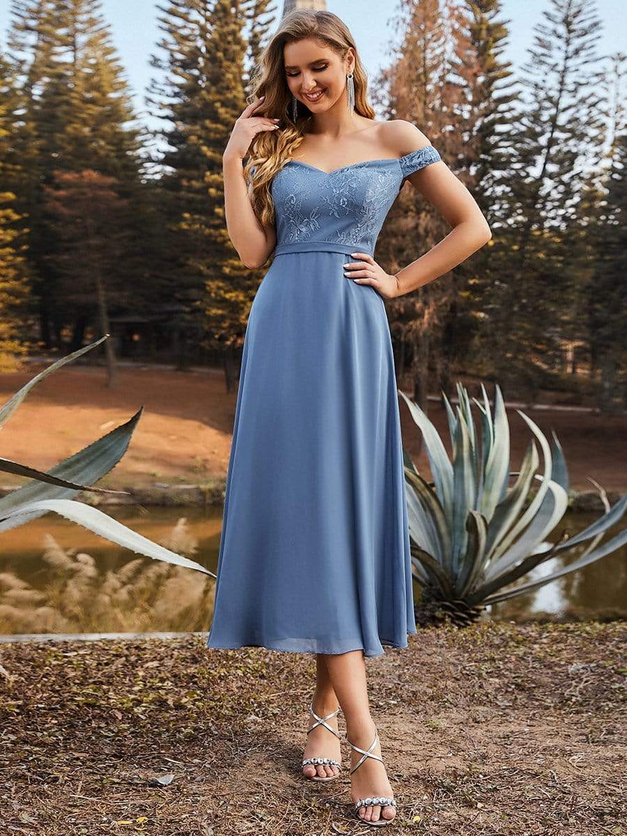 Off the Shoulder Lace Bodice Ankle Length Evening Dress