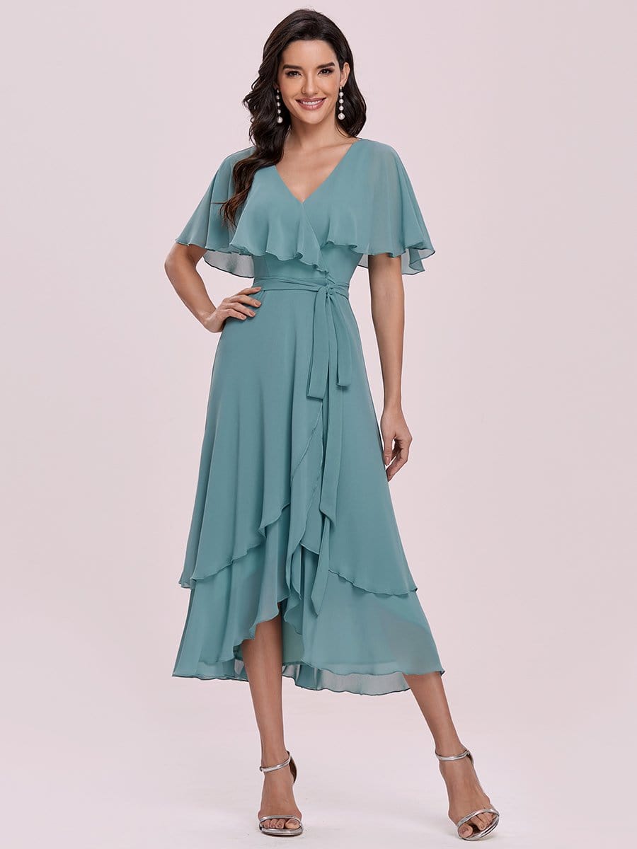 Color=Dusty blue | Simple Tea Length V Neck Chiffon Bridesmaid Dress-Dusty Blue 4 Color=Dusty blue | Simple Tea Length V Neck Chiffon Bridesmaid Dress-Dusty Blue 4