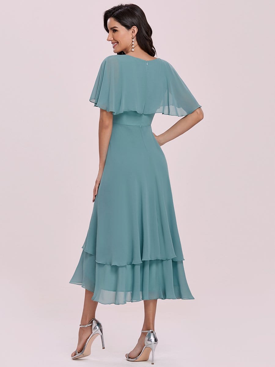 Color=Dusty blue | Simple Tea Length V Neck Chiffon Bridesmaid Dress-Dusty Blue 5 Color=Dusty blue | Simple Tea Length V Neck Chiffon Bridesmaid Dress-Dusty Blue 5