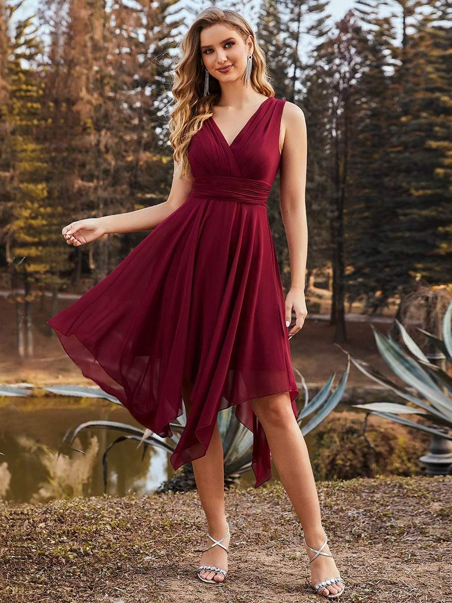 Color=Burgundy | Knee Length Chiffon Bridesmaid Dress With Irregular Hem-Burgundy 4 Color=Burgundy | Knee Length Chiffon Bridesmaid Dress With Irregular Hem-Burgundy 4