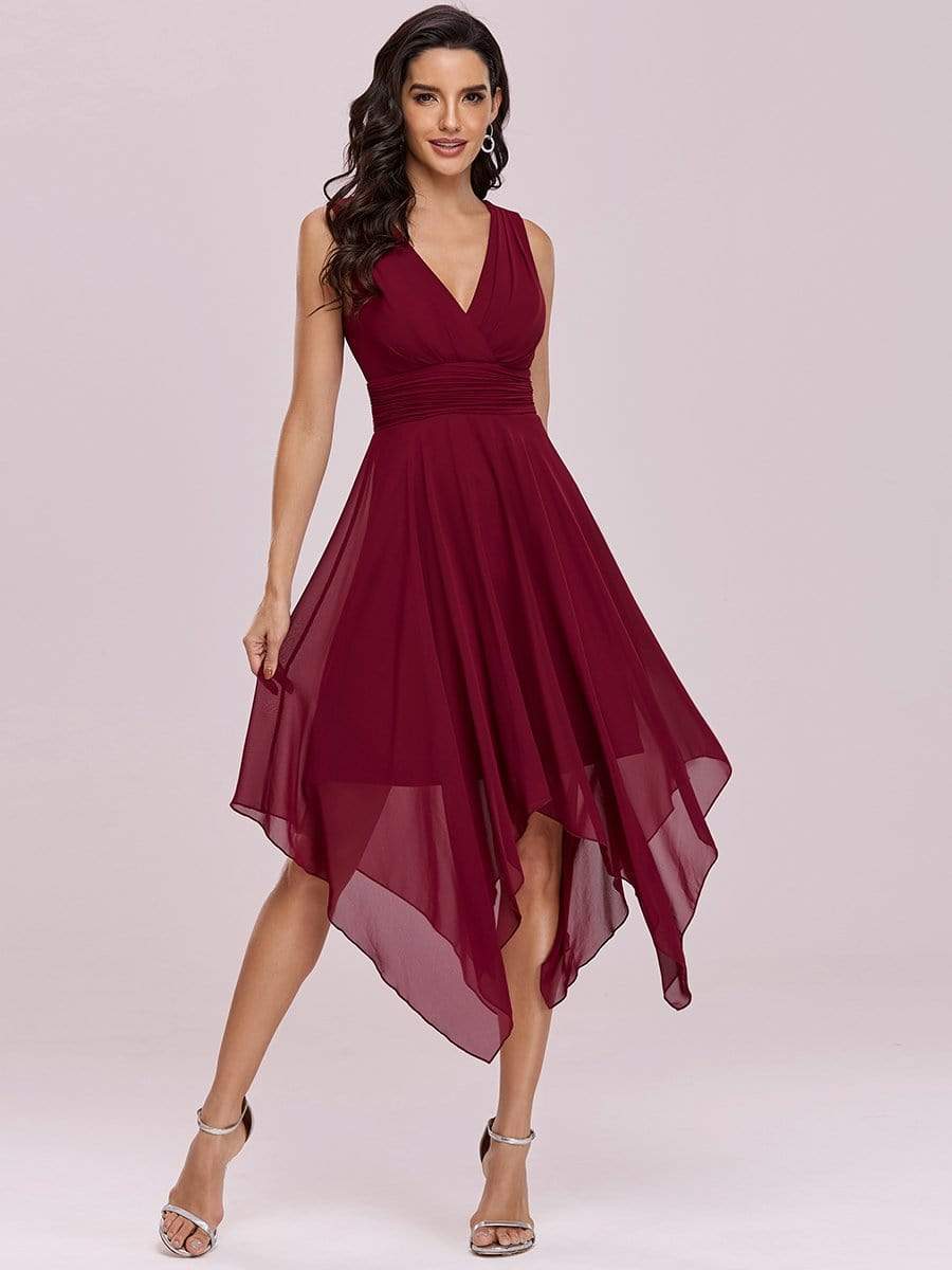 Color=Burgundy | Knee Length Chiffon Bridesmaid Dress With Irregular Hem-Burgundy 5 Color=Burgundy | Knee Length Chiffon Bridesmaid Dress With Irregular Hem-Burgundy 5