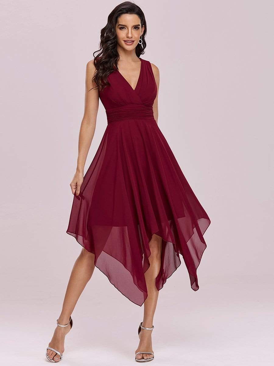 Color=Burgundy | Knee Length Chiffon Bridesmaid Dress With Irregular Hem-Burgundy 5