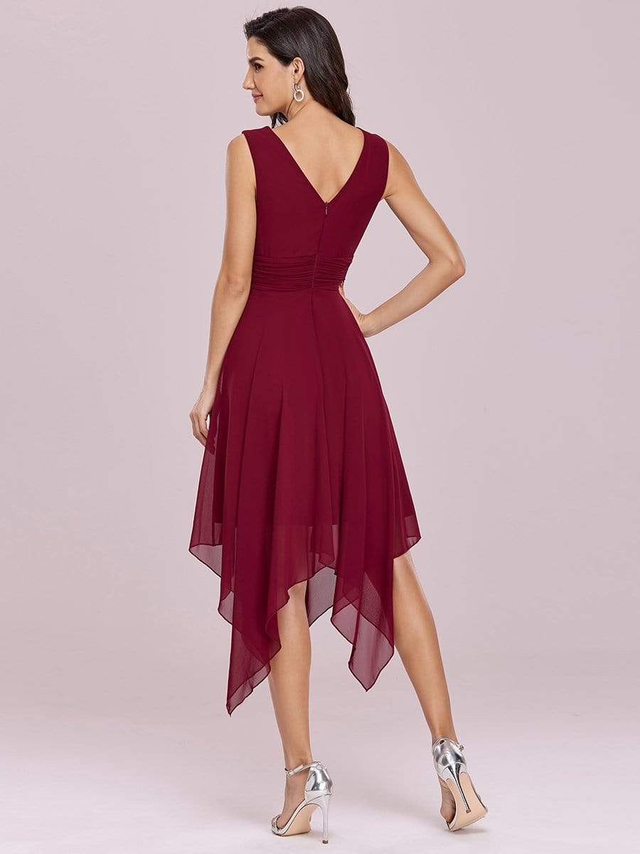 Color=Burgundy | Knee Length Chiffon Bridesmaid Dress With Irregular Hem-Burgundy 6 Color=Burgundy | Knee Length Chiffon Bridesmaid Dress With Irregular Hem-Burgundy 6