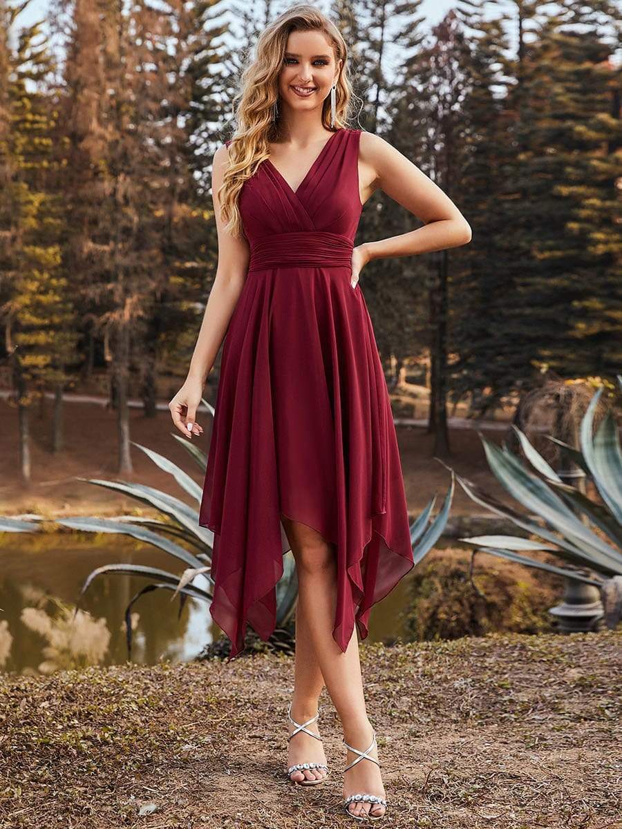 Color=Burgundy | Knee Length Chiffon Bridesmaid Dress With Irregular Hem-Burgundy 1 Color=Burgundy | Knee Length Chiffon Bridesmaid Dress With Irregular Hem-Burgundy 1