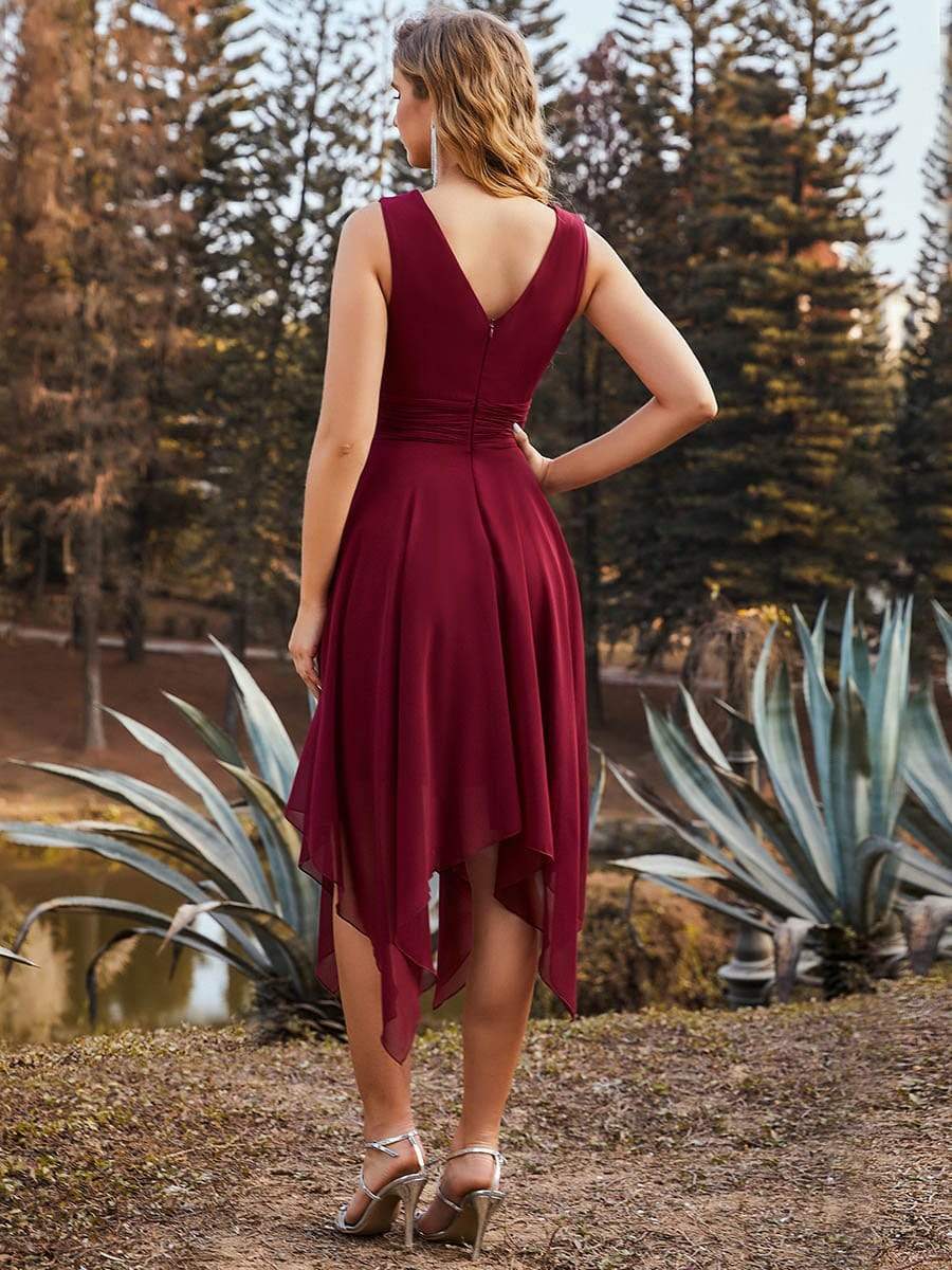 Color=Burgundy | Knee Length Chiffon Bridesmaid Dress With Irregular Hem-Burgundy 2 Color=Burgundy | Knee Length Chiffon Bridesmaid Dress With Irregular Hem-Burgundy 2