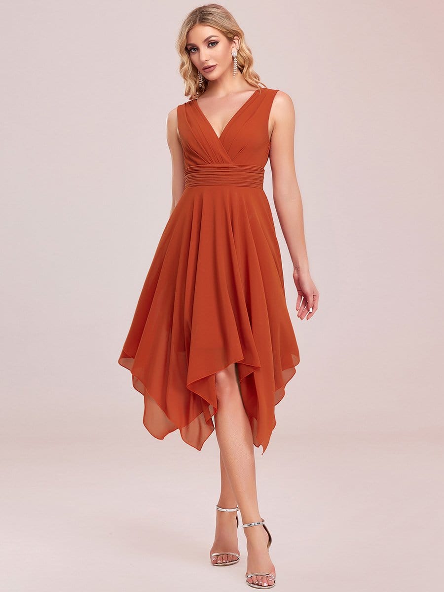 Color=Burnt Orange | Knee Length Chiffon Bridesmaid Dress With Irregular Hem-Burnt Orange 5 Color=Burnt Orange | Knee Length Chiffon Bridesmaid Dress With Irregular Hem-Burnt Orange 5