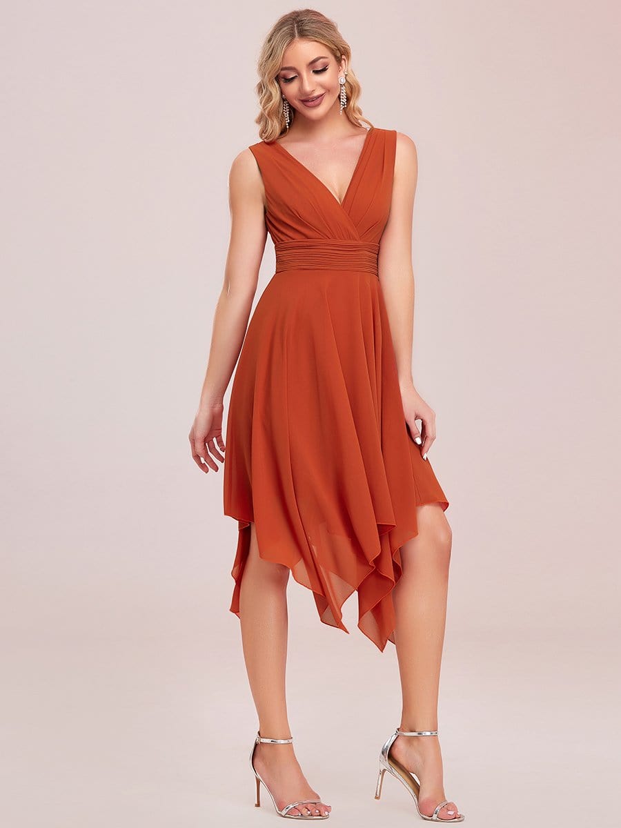 Color=Burnt Orange | Knee Length Chiffon Bridesmaid Dress With Irregular Hem-Burnt Orange 7 Color=Burnt Orange | Knee Length Chiffon Bridesmaid Dress With Irregular Hem-Burnt Orange 7