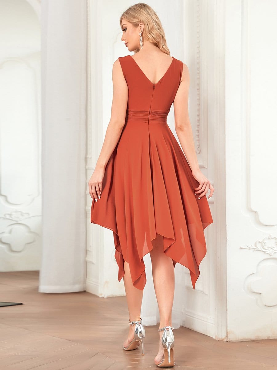 Color=Burnt Orange | Knee Length Chiffon Bridesmaid Dress With Irregular Hem-Burnt Orange 2 Color=Burnt Orange | Knee Length Chiffon Bridesmaid Dress With Irregular Hem-Burnt Orange 2