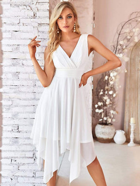 Color=Cream | Knee Length Chiffon Bridesmaid Dress With Irregular Hem-Cream 1