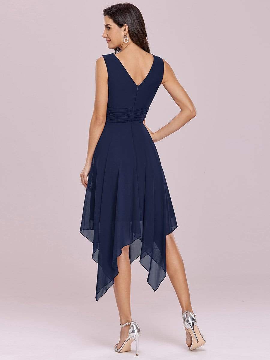 Color=Navy Blue | Knee Length Chiffon Bridesmaid Dress With Irregular Hem-Navy Blue 5 Color=Navy Blue | Knee Length Chiffon Bridesmaid Dress With Irregular Hem-Navy Blue 5