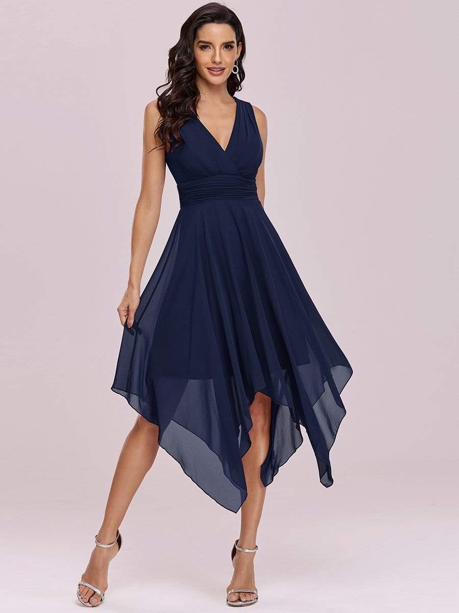 Color=Navy Blue | Knee Length Chiffon Bridesmaid Dress With Irregular Hem-Navy Blue 4 Color=Navy Blue | Knee Length Chiffon Bridesmaid Dress With Irregular Hem-Navy Blue 4
