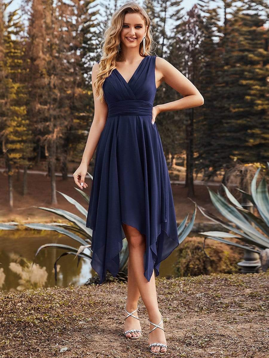 Color=Navy Blue | Knee Length Chiffon Bridesmaid Dress With Irregular Hem-Navy Blue 1 Color=Navy Blue | Knee Length Chiffon Bridesmaid Dress With Irregular Hem-Navy Blue 1